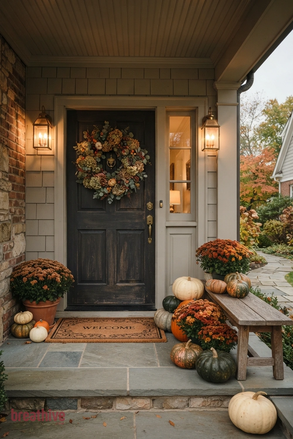 cozy Halloween front entry idea with front door arrangement with wreath, pumpkins, mat, and restrained vertical accents