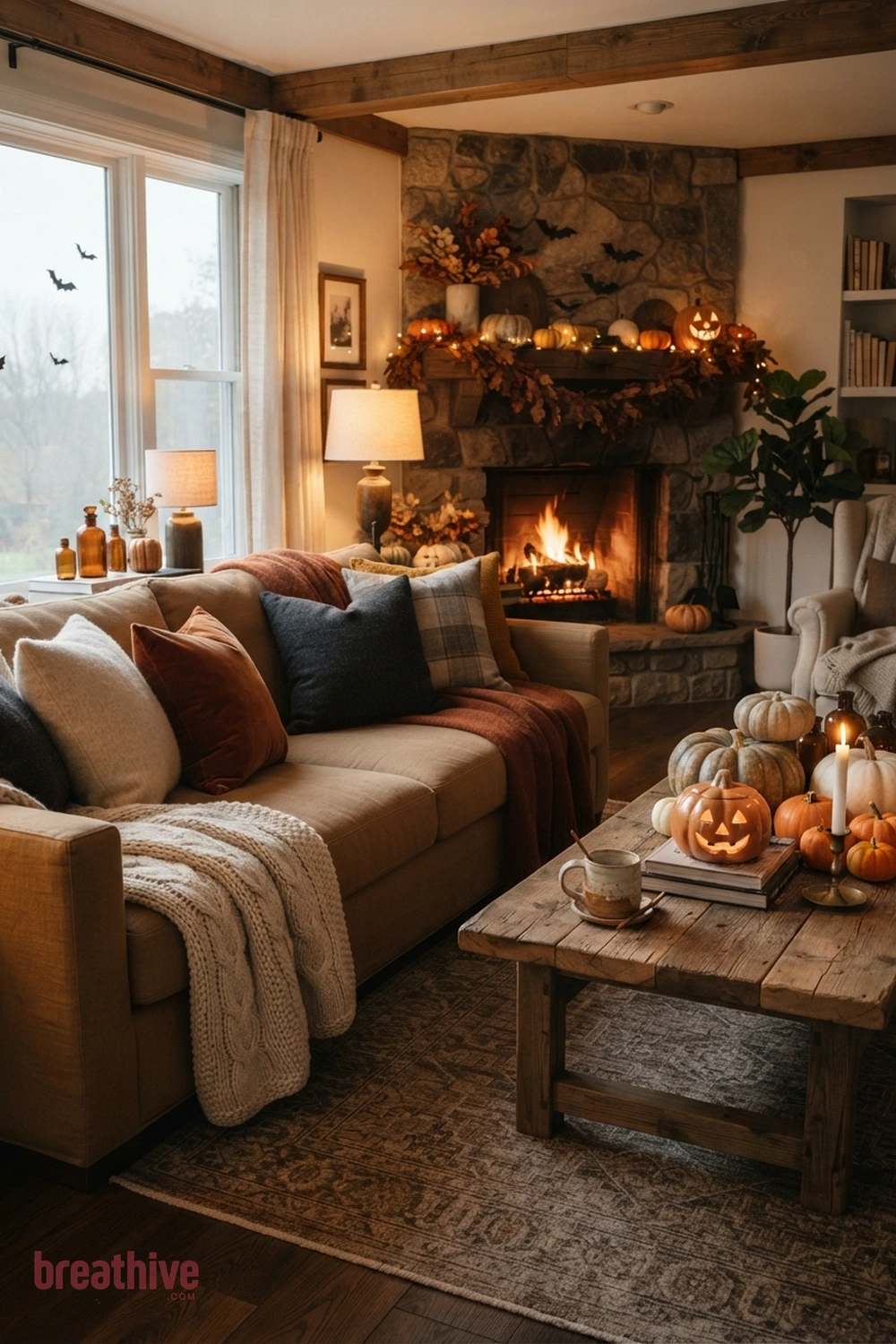 cozy Halloween living room idea with sofa arrangement with layered pillows and throws while keeping seating comfortable