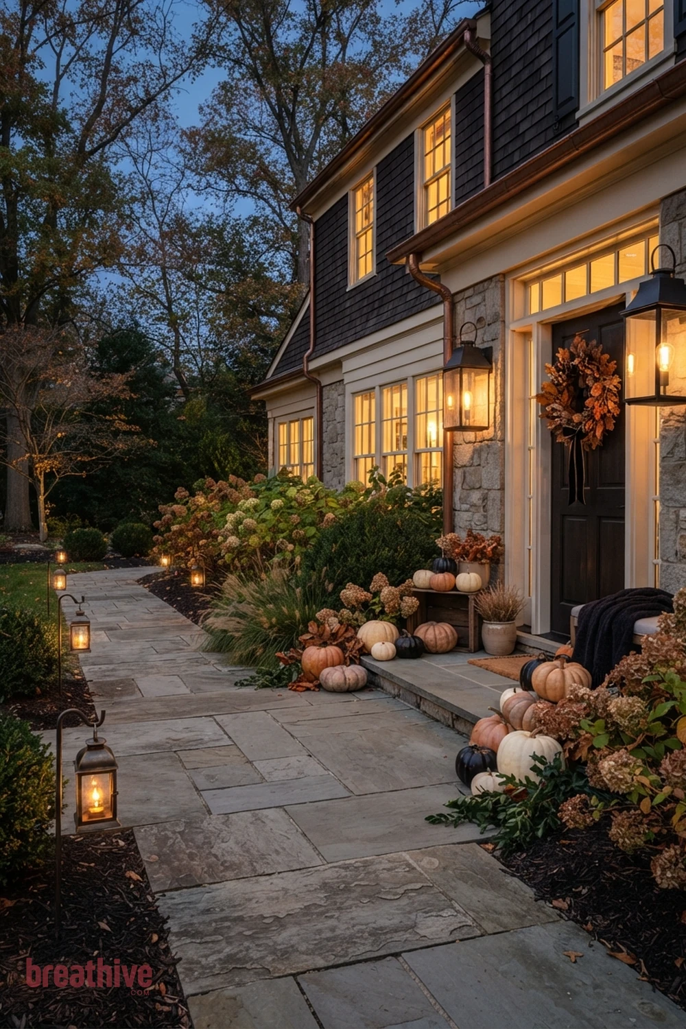 classy Halloween front yard and entry idea with walkway view showing how the decoration guides movement toward the house