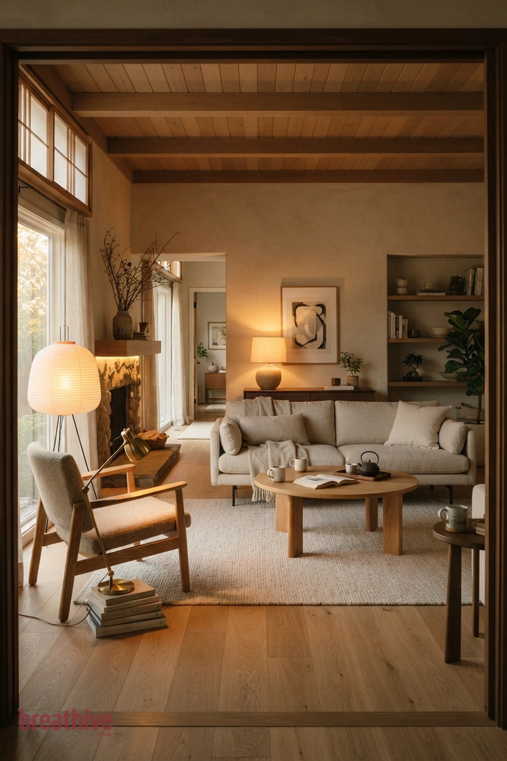 Layer Ambient, Task, and Accent Lighting in a japandi living room