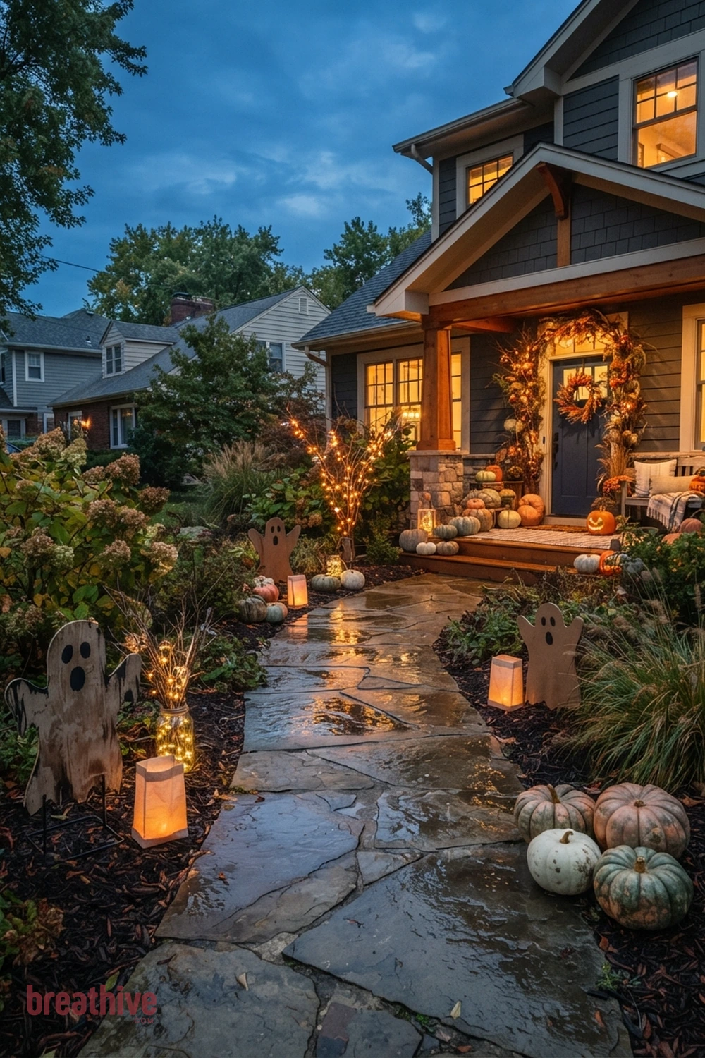 DIY outdoor Halloween front yard idea with walkway view showing how the decoration guides movement toward the house