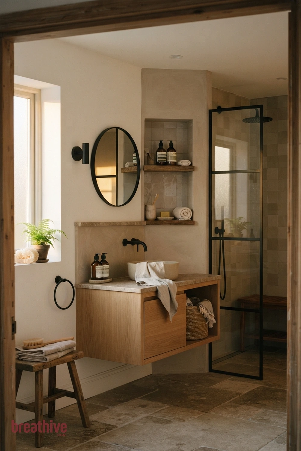 Add a Recessed Niche at a Practical Height in a thoughtful bathroom