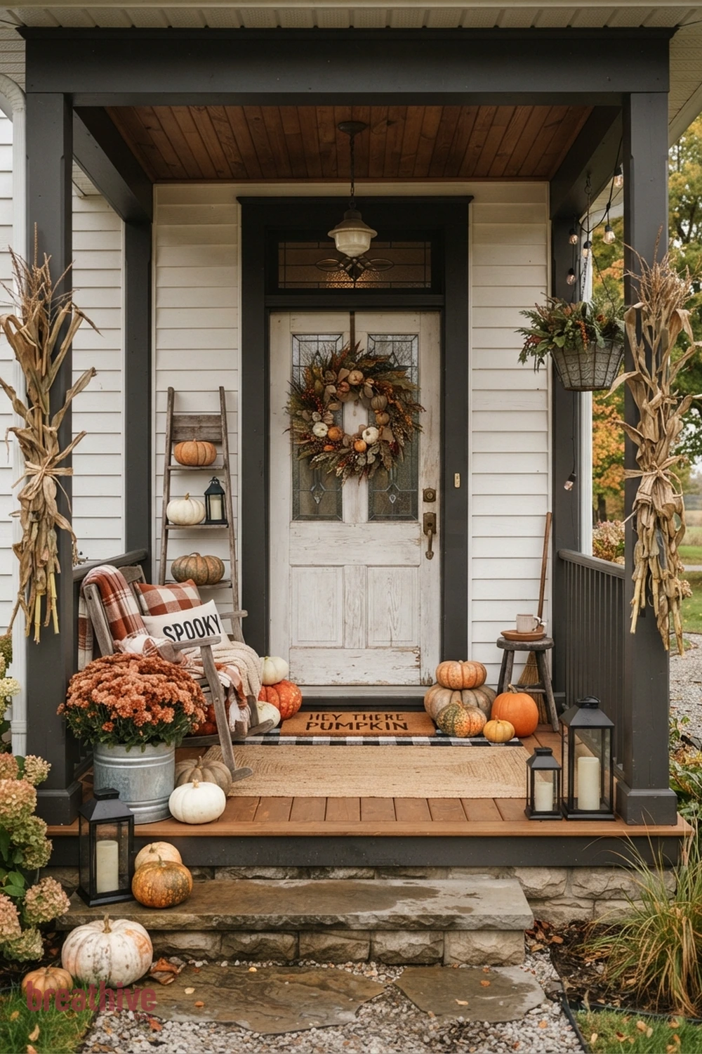 farmhouse Halloween front porch idea with front door arrangement with wreath, pumpkins, mat, and restrained vertical accents