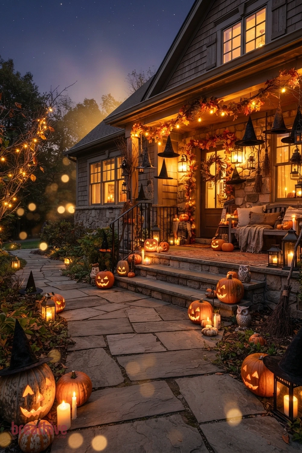 whimsical witch Halloween porch and walkway idea with walkway view showing how the decoration guides movement toward the house