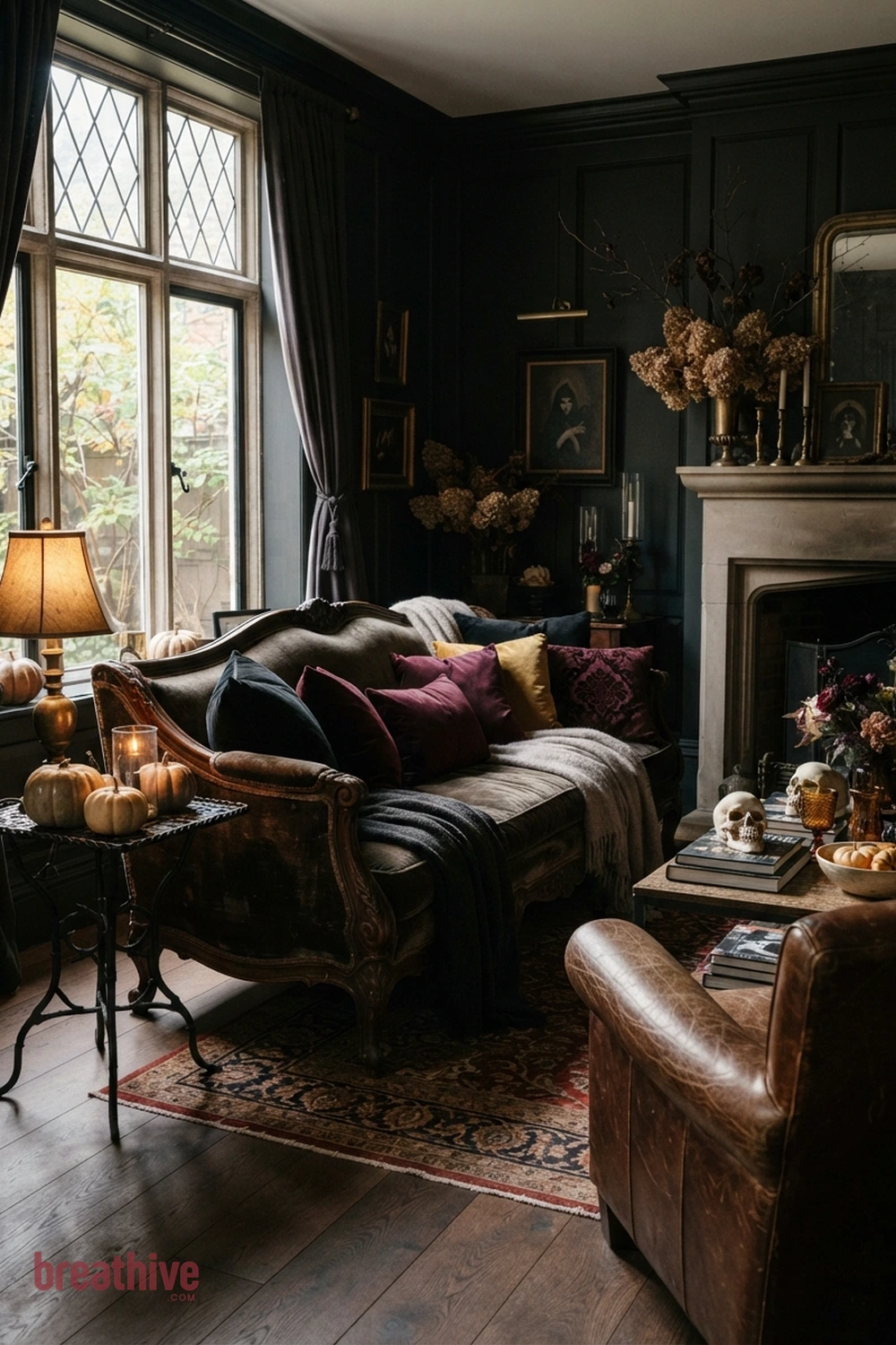 gothic Halloween living room idea with sofa arrangement with layered pillows and throws while keeping seating comfortable