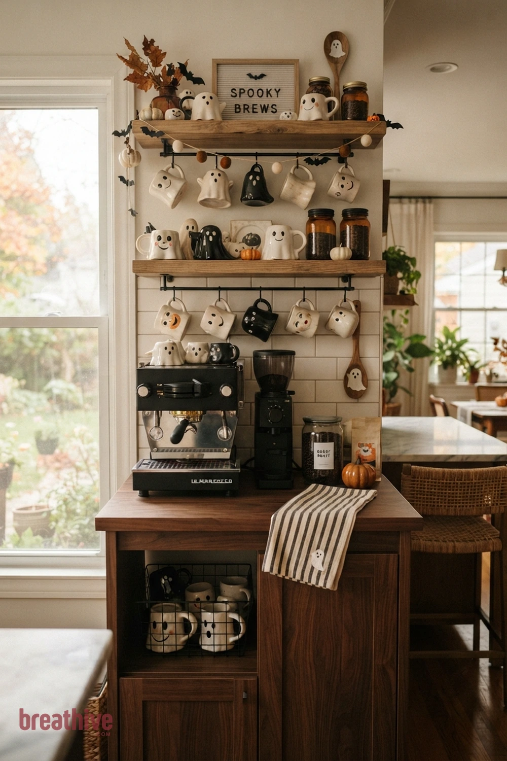 ghost mug collection Halloween kitchen coffee station idea with island, table, coffee bar, or counter arranged as the main seasonal focal surface