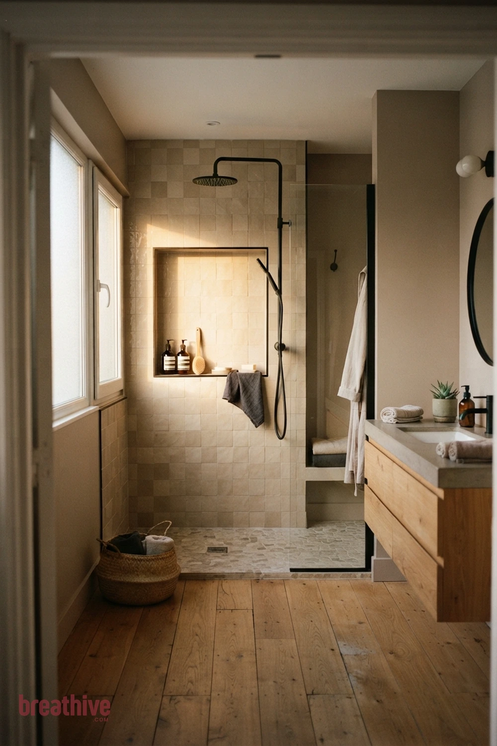 Add a Recessed Niche at a Practical Height in a thoughtful bathroom