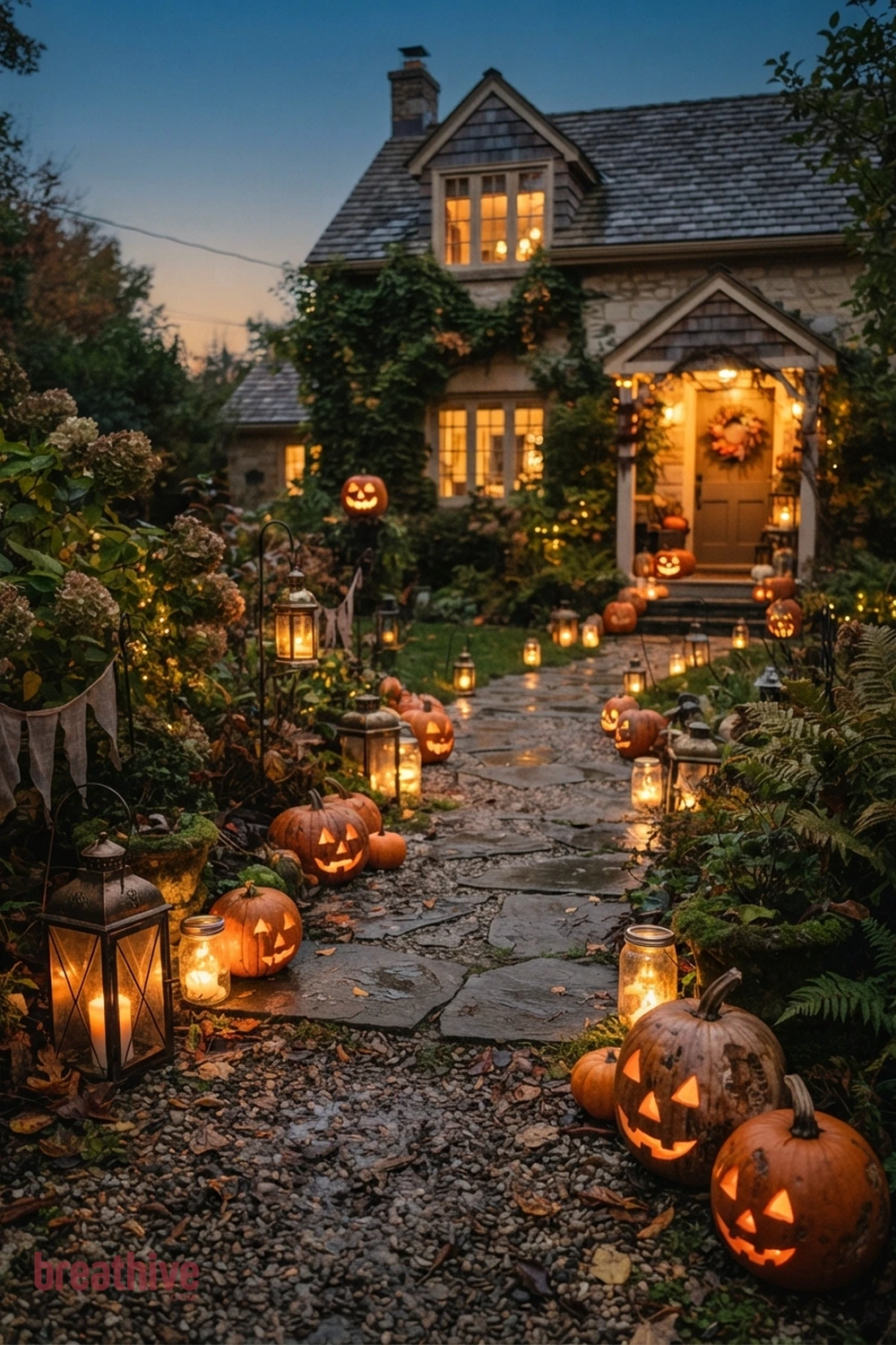 path lighting Halloween garden pathway idea with walkway view showing how the decoration guides movement toward the house