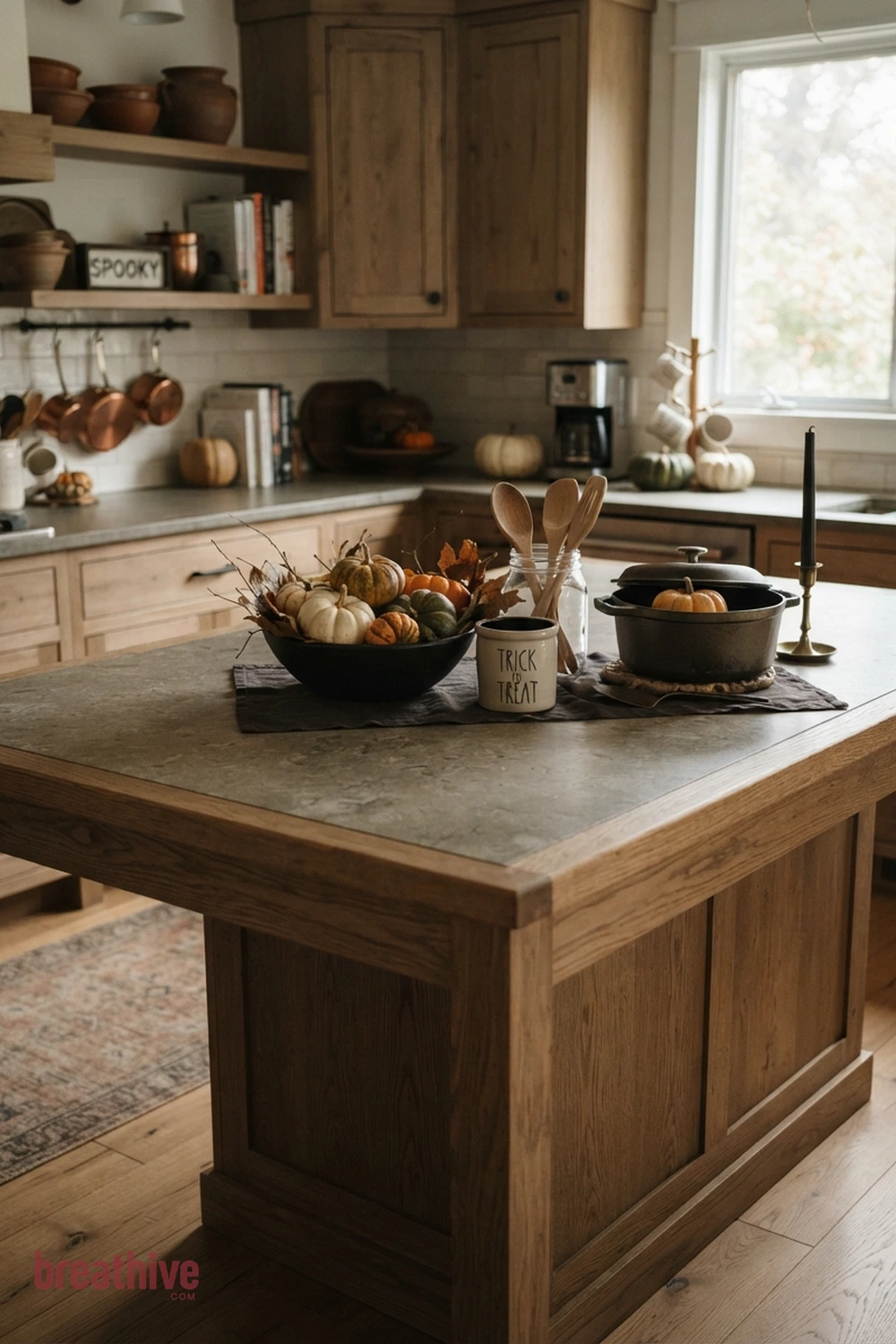 counter styling Halloween kitchen counter idea with island, table, coffee bar, or counter arranged as the main seasonal focal surface