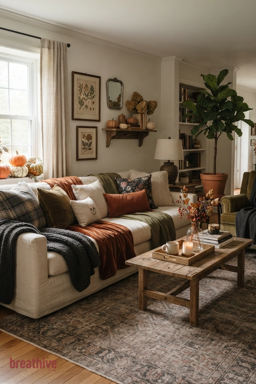 sofa-focused Halloween living room idea with sofa arrangement with layered pillows and throws while keeping seating comfortable