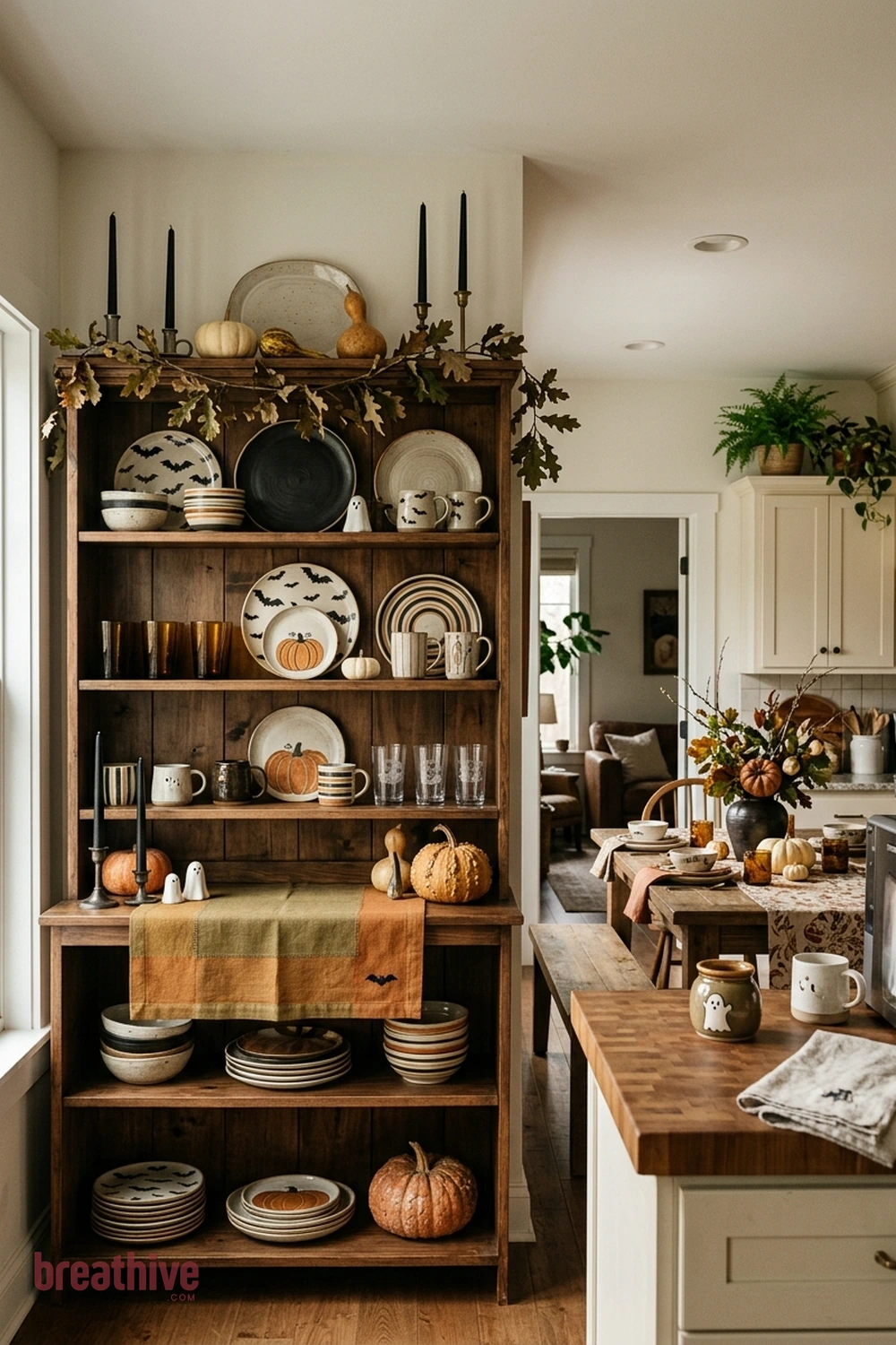 dishware display Halloween kitchen and dining room idea with island, table, coffee bar, or counter arranged as the main seasonal focal surface
