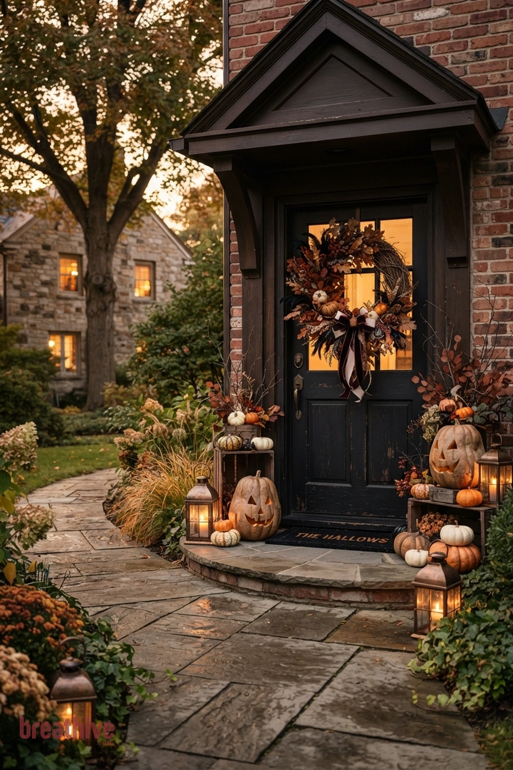 wreath-focused Halloween front door exterior idea with walkway view showing how the decoration guides movement toward the house