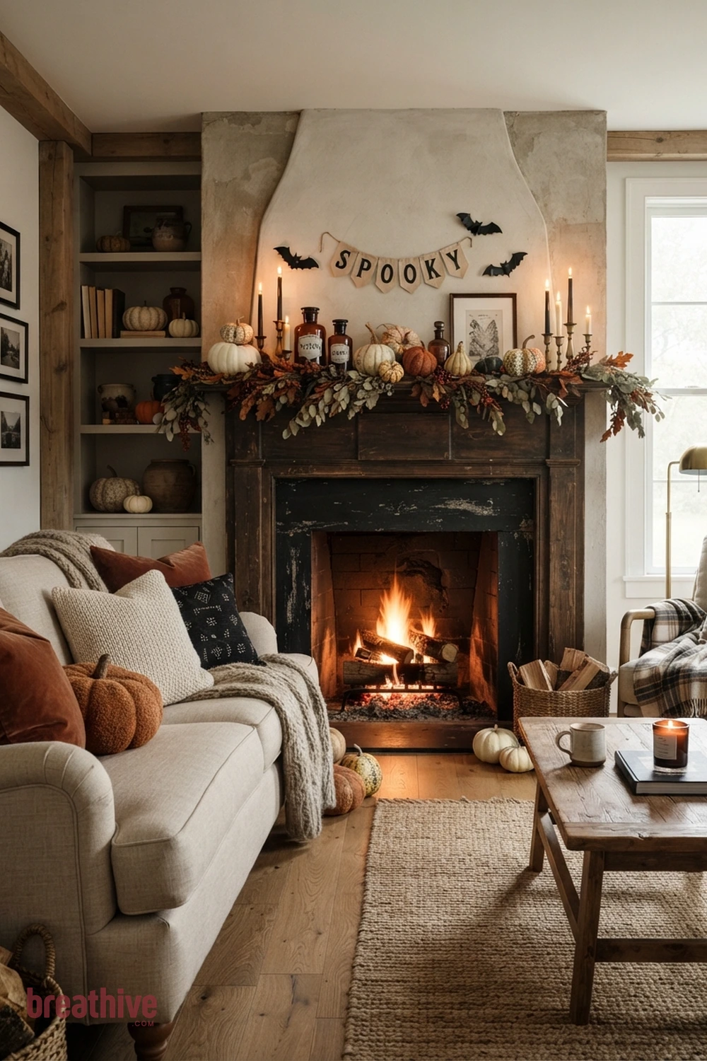 mantel-focused Halloween living room fireplace idea with sofa arrangement with layered pillows and throws while keeping seating comfortable