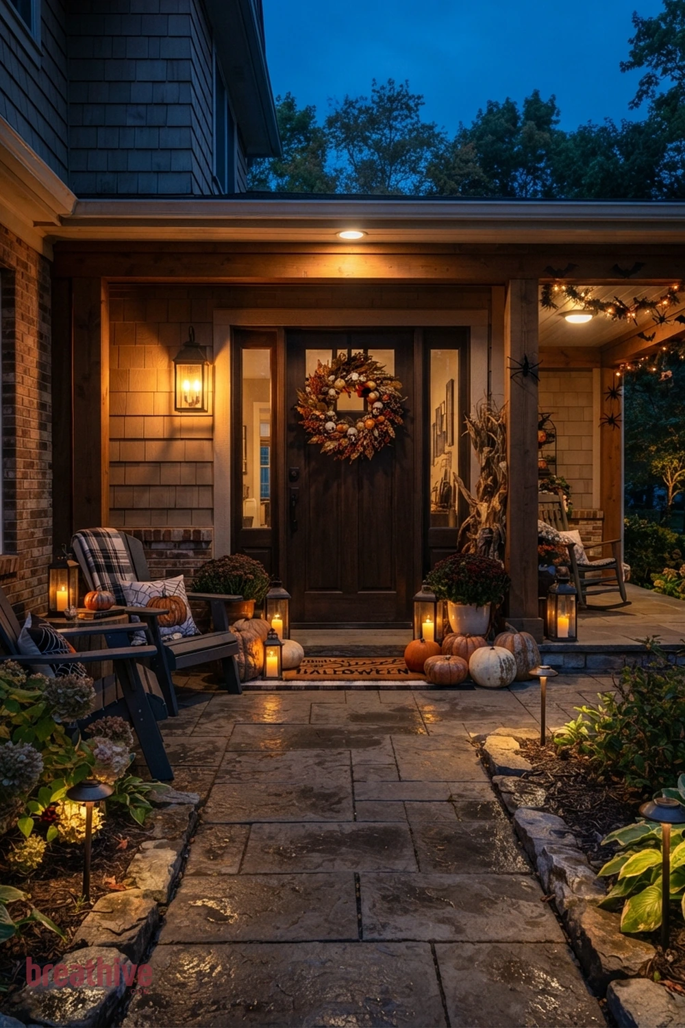 lighting-focused Halloween front porch idea with front door arrangement with wreath, pumpkins, mat, and restrained vertical accents