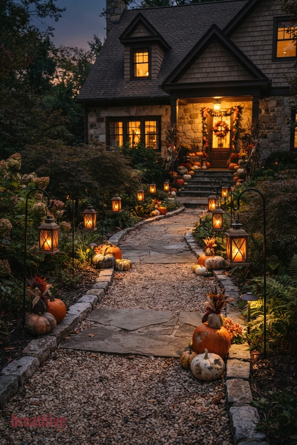 wayfinding Halloween garden pathway idea with walkway view showing how the decoration guides movement toward the house