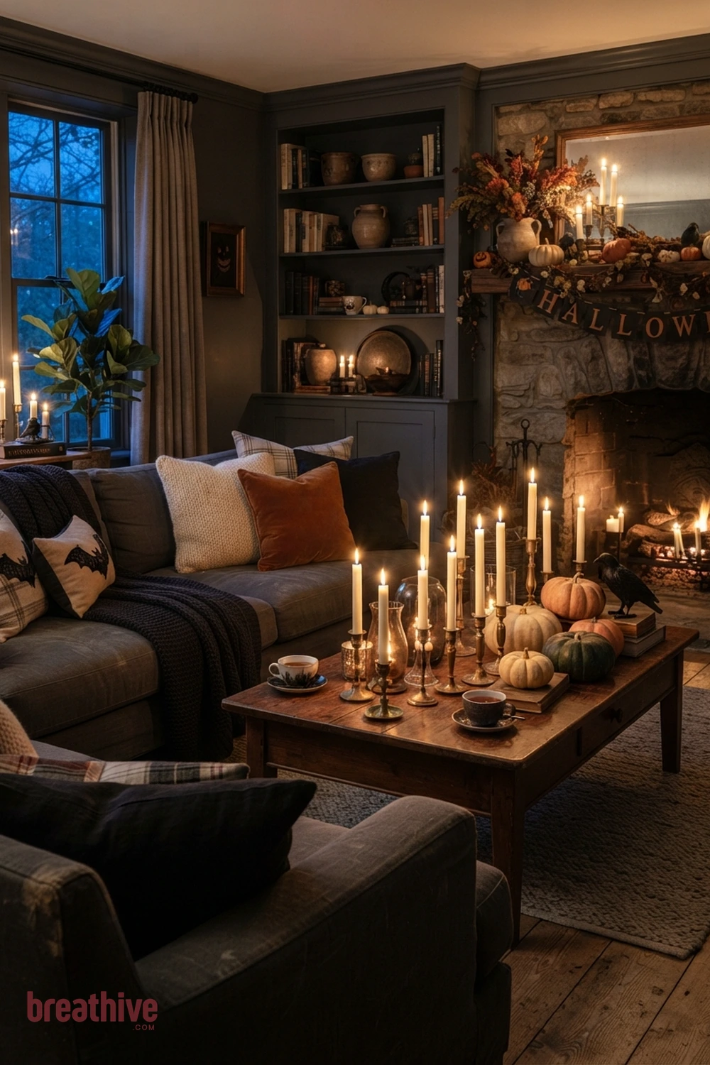 candlelit Halloween living room idea with sofa arrangement with layered pillows and throws while keeping seating comfortable