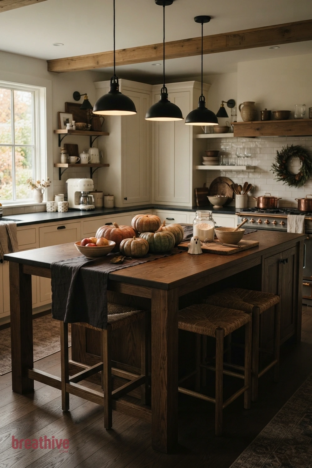 island-focused Halloween kitchen idea with island, table, coffee bar, or counter arranged as the main seasonal focal surface