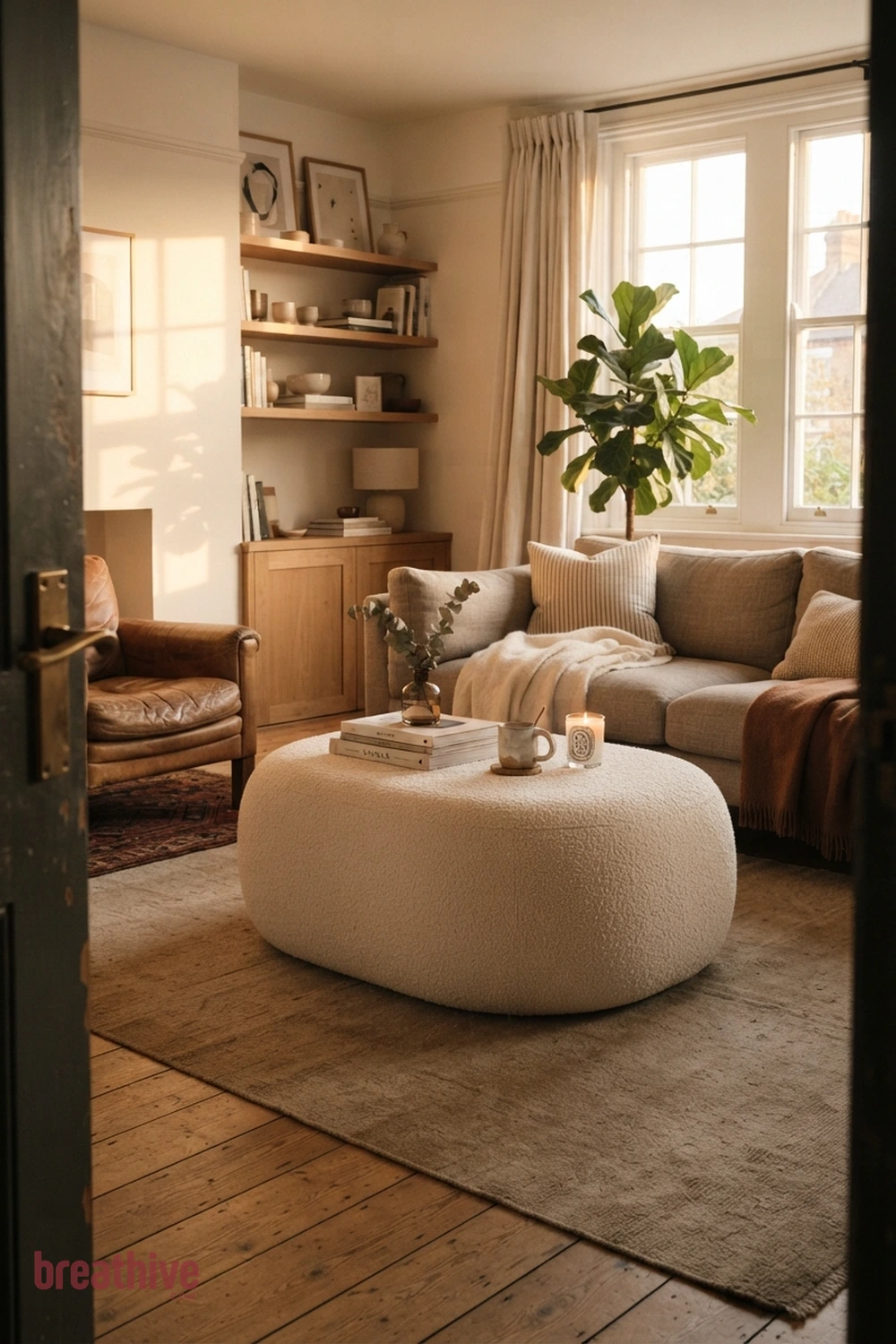 Softly Rounded Boucle Ottoman Table in a thoughtful living room
