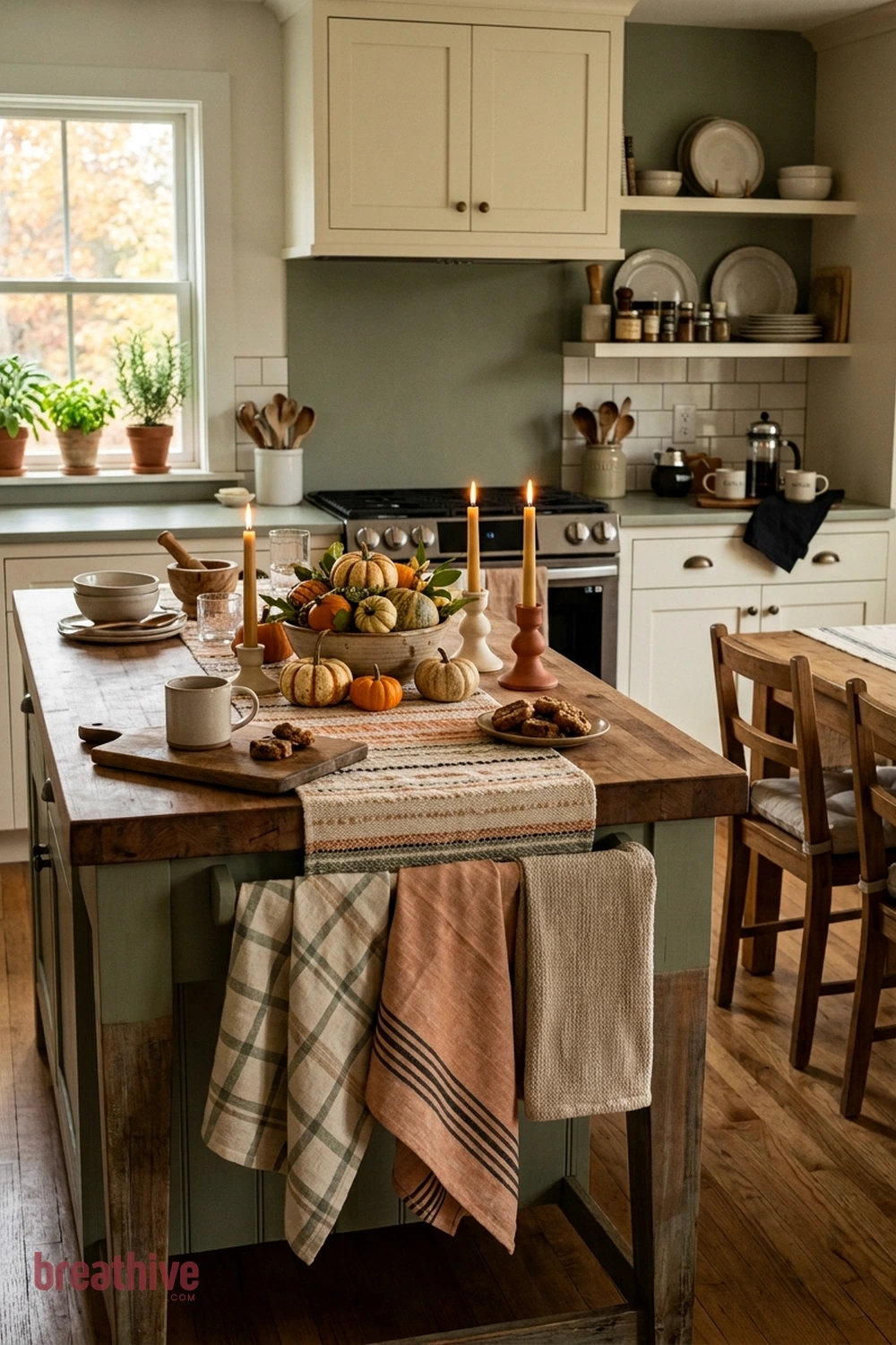 textile accent Halloween kitchen idea with island, table, coffee bar, or counter arranged as the main seasonal focal surface
