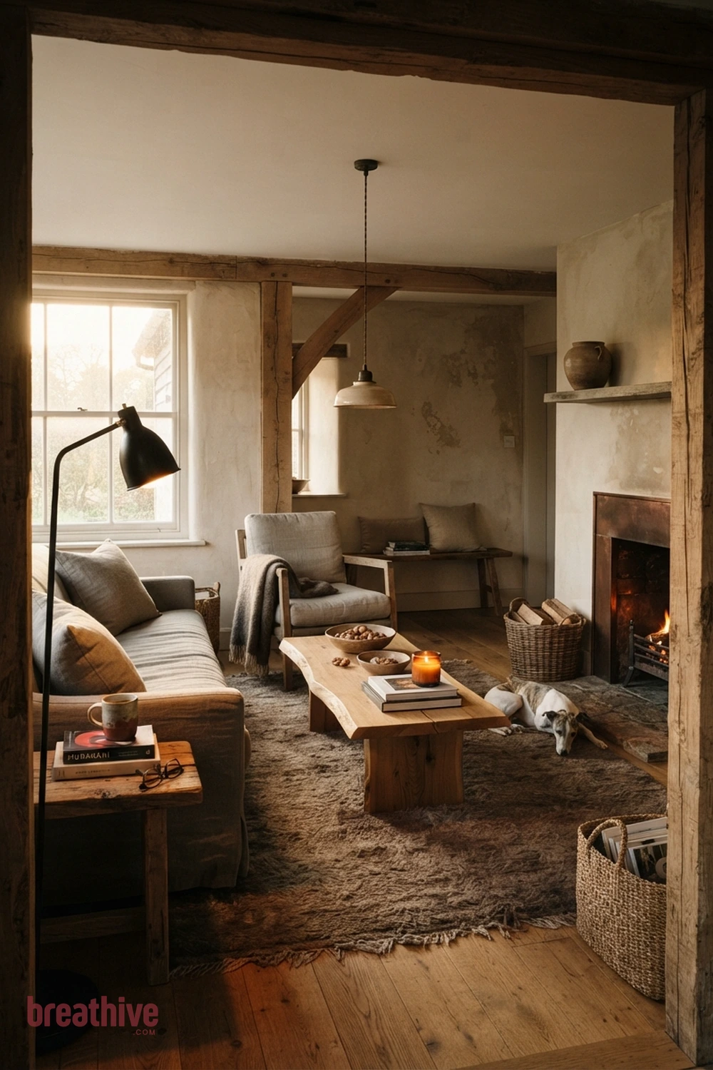 Layer Ambient, Task, and Accent Lighting in a wabi-sabi living room
