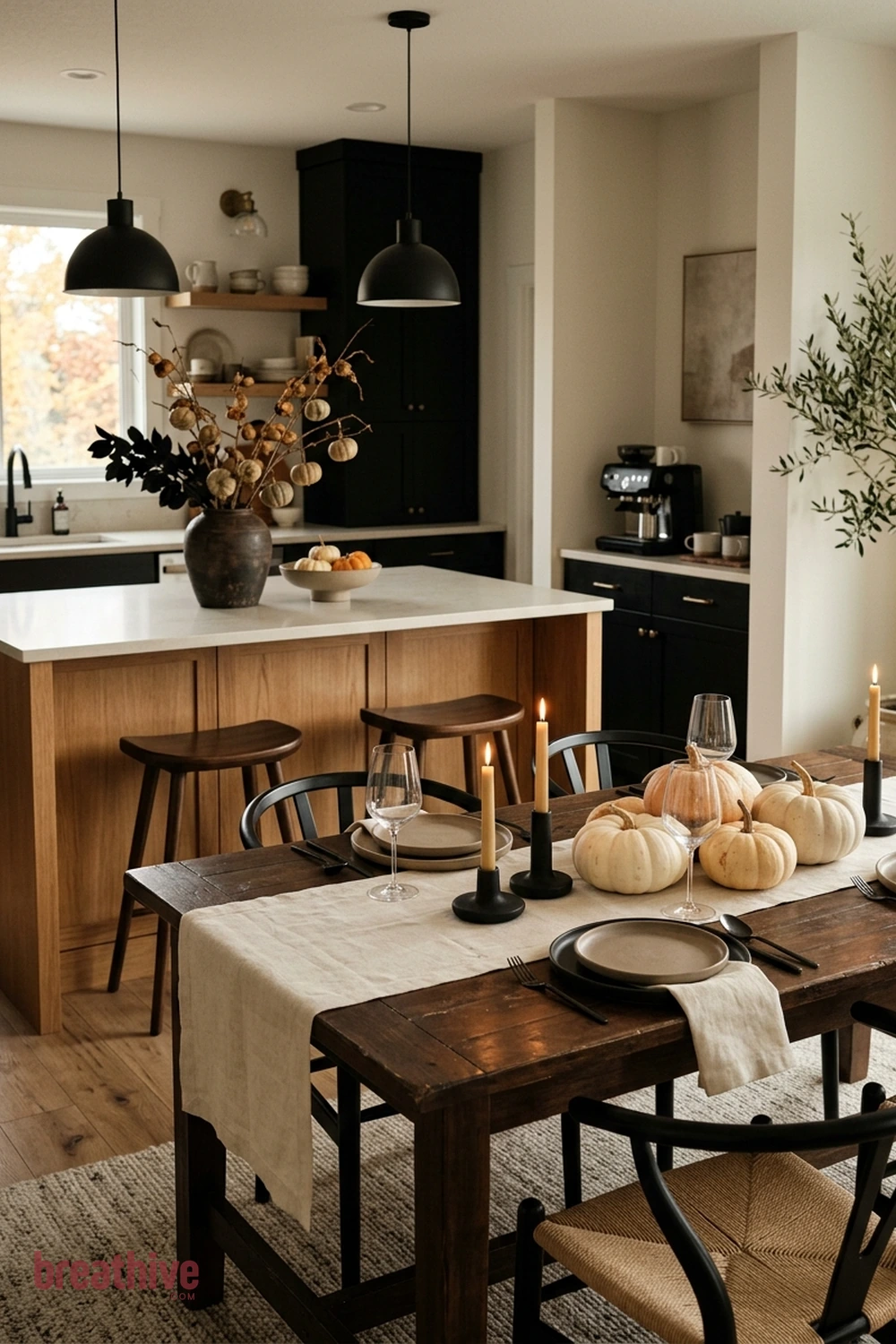 minimalist dining Halloween dining room idea with island, table, coffee bar, or counter arranged as the main seasonal focal surface