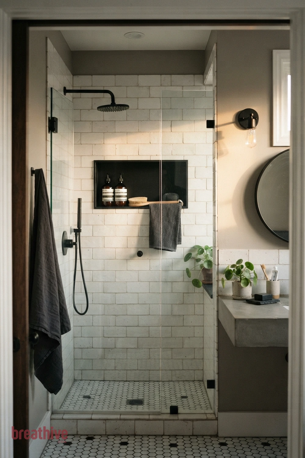 Add a Recessed Niche at a Practical Height in a black and white bathroom