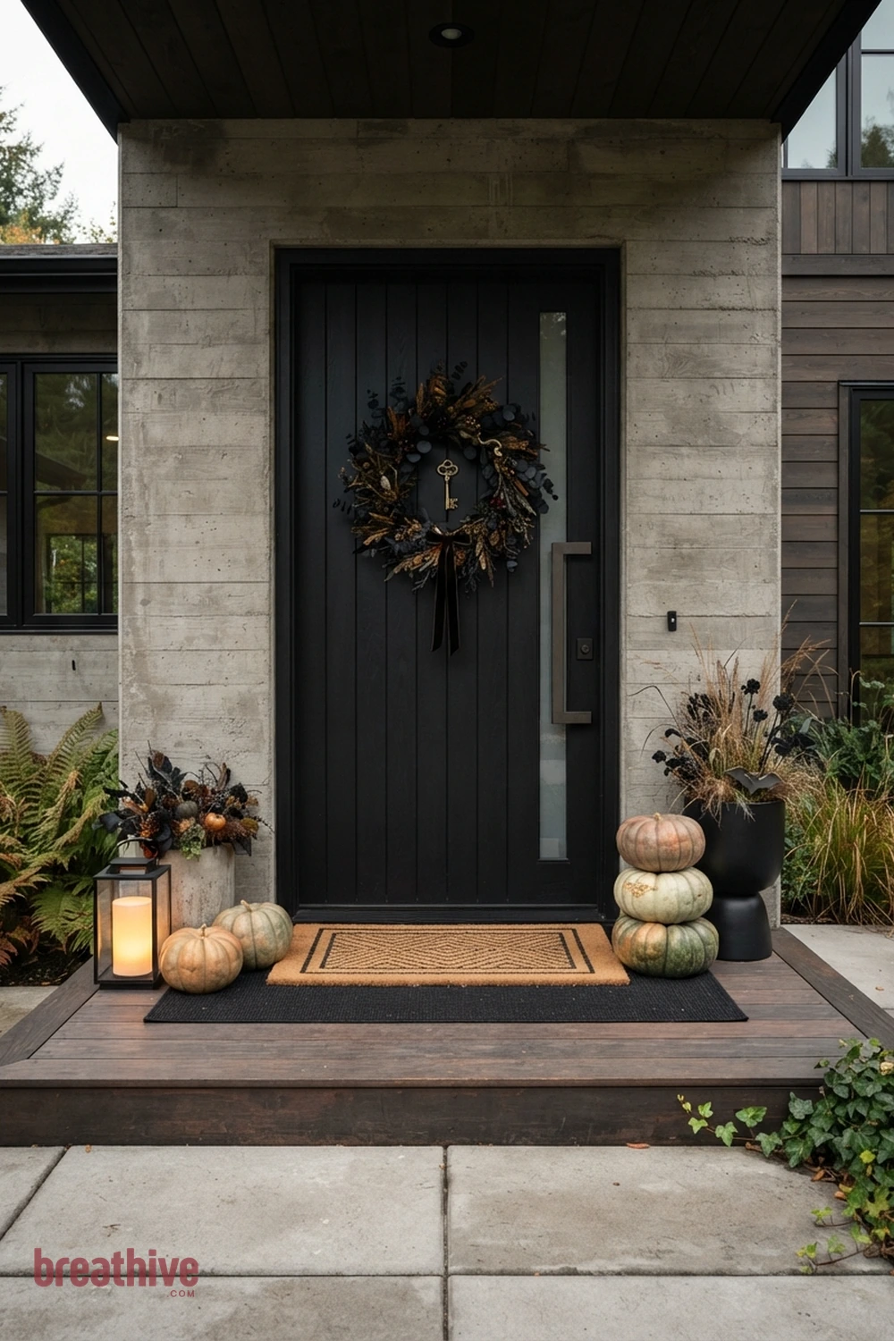 modern Halloween front porch idea with front door arrangement with wreath, pumpkins, mat, and restrained vertical accents