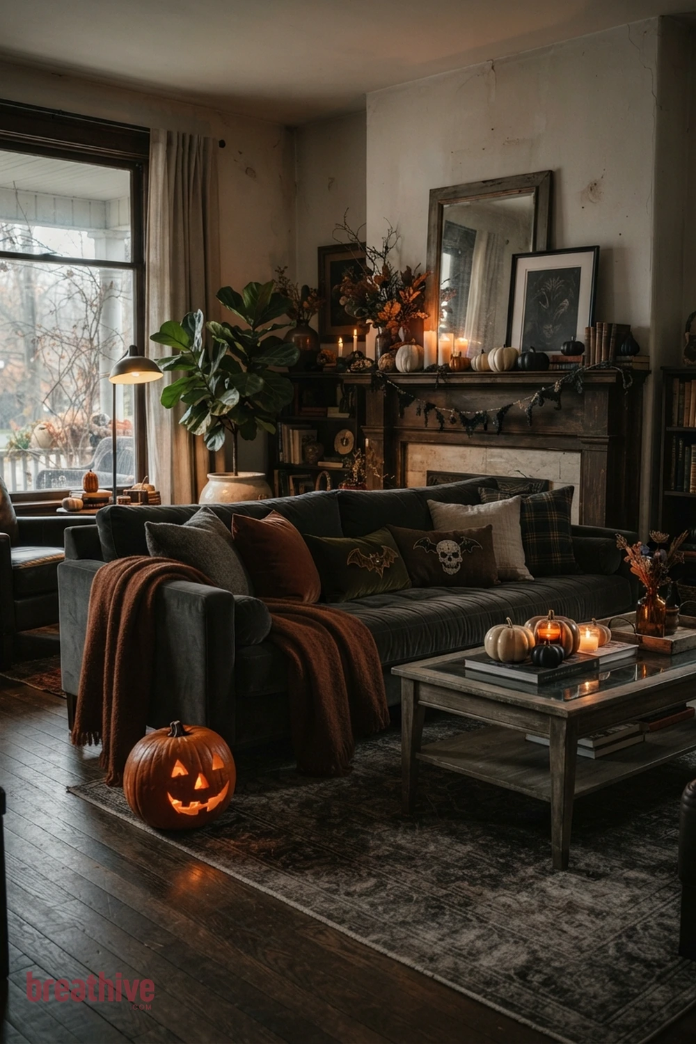 moody Halloween living room idea with sofa arrangement with layered pillows and throws while keeping seating comfortable