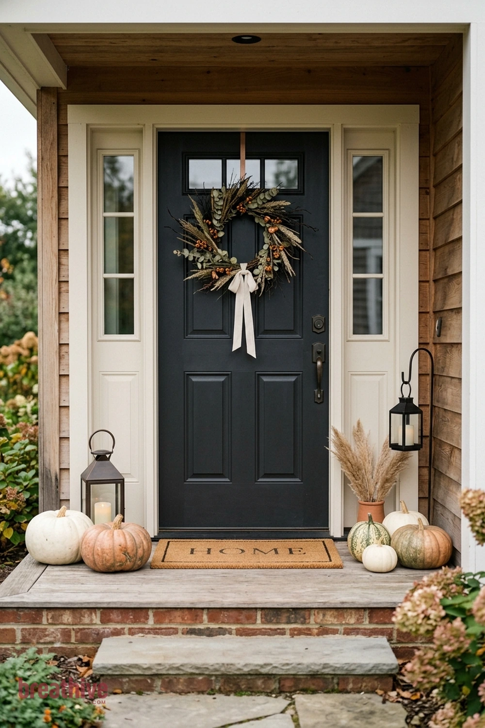 minimalist Halloween front porch idea with front door arrangement with wreath, pumpkins, mat, and restrained vertical accents