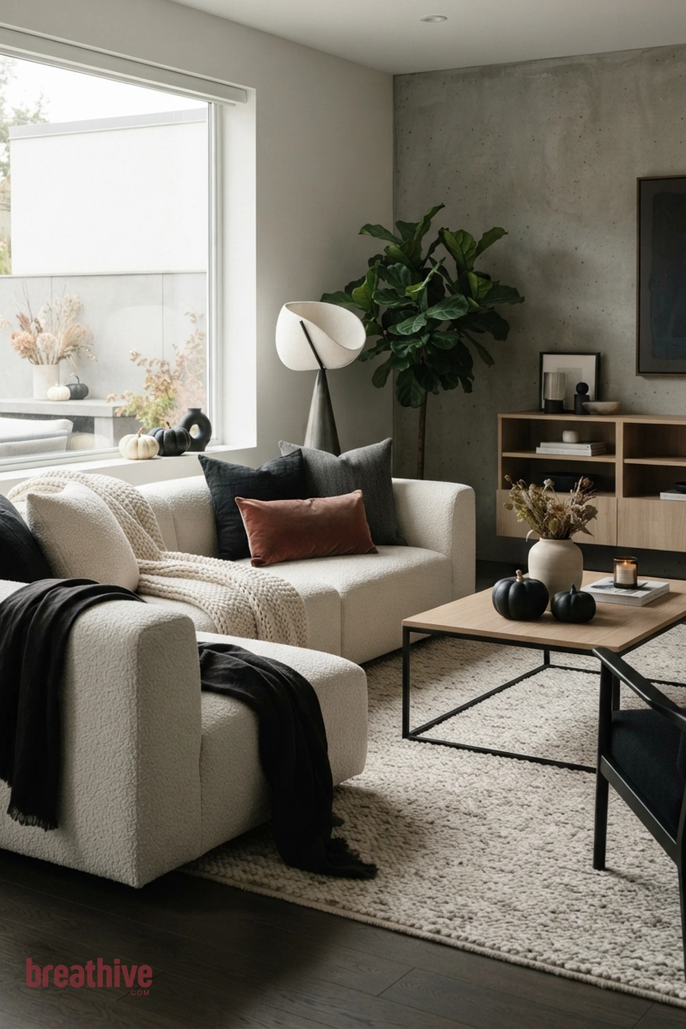 modern minimalist Halloween living room idea with sofa arrangement with layered pillows and throws while keeping seating comfortable