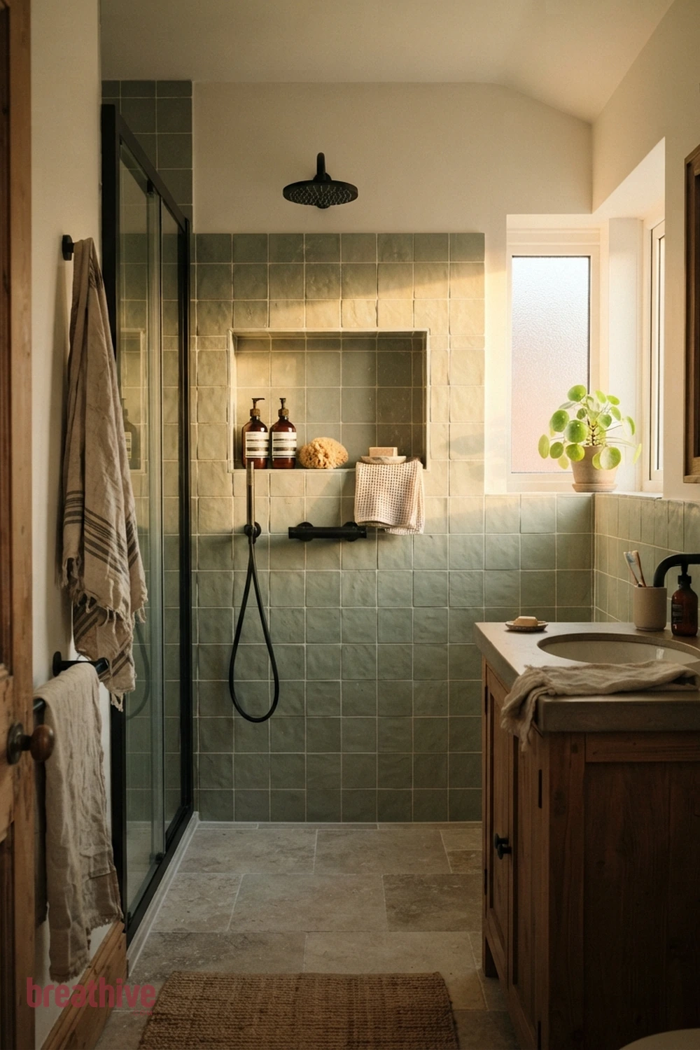 Add a Recessed Niche at a Practical Height in a green bathroom
