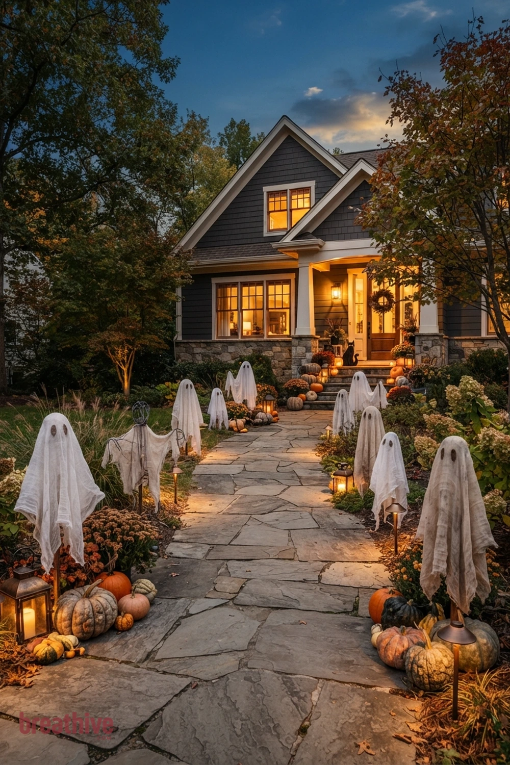 ghost-themed Halloween front yard idea with walkway view showing how the decoration guides movement toward the house