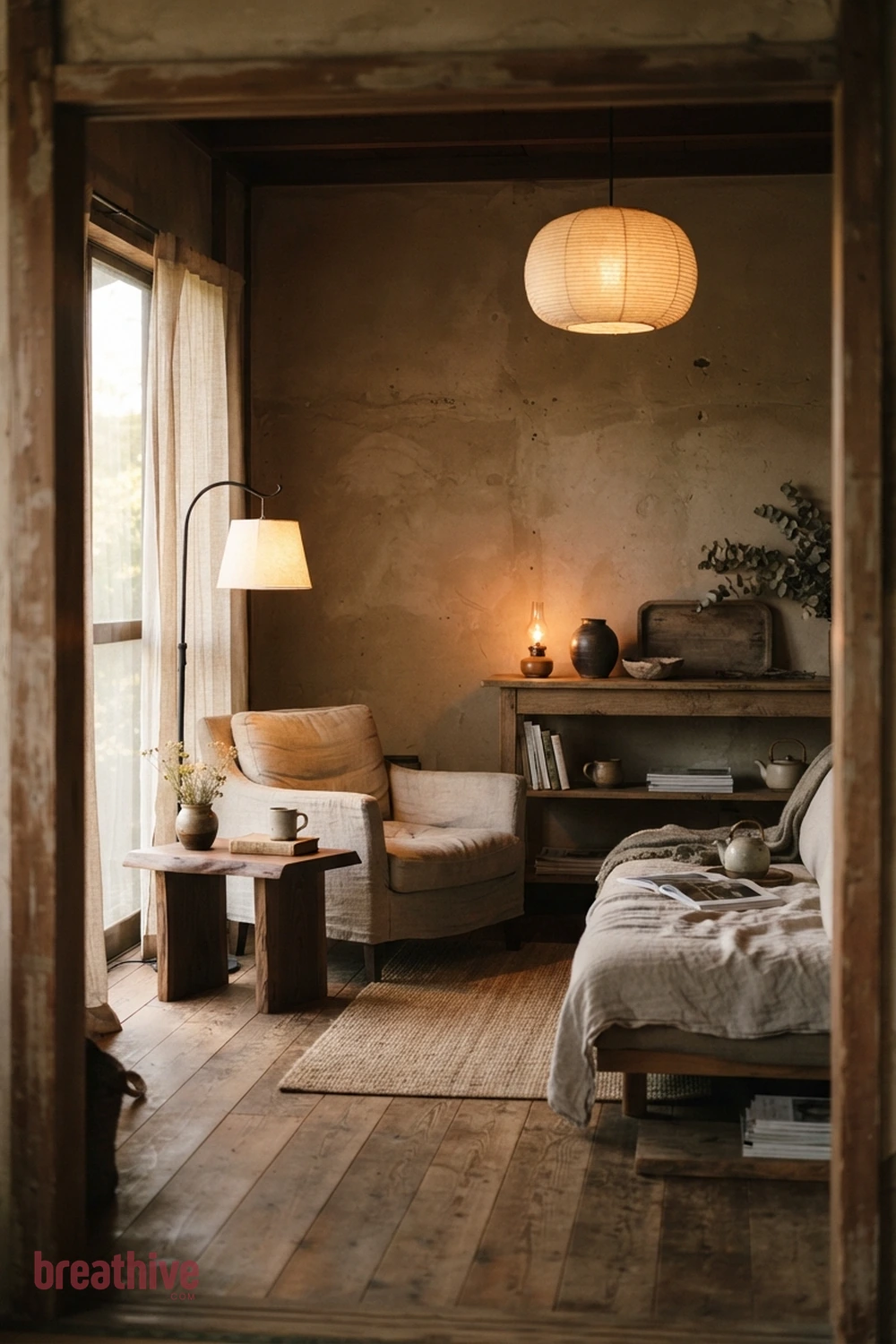 Layer Ambient, Task, and Accent Lighting in a wabi-sabi home decor