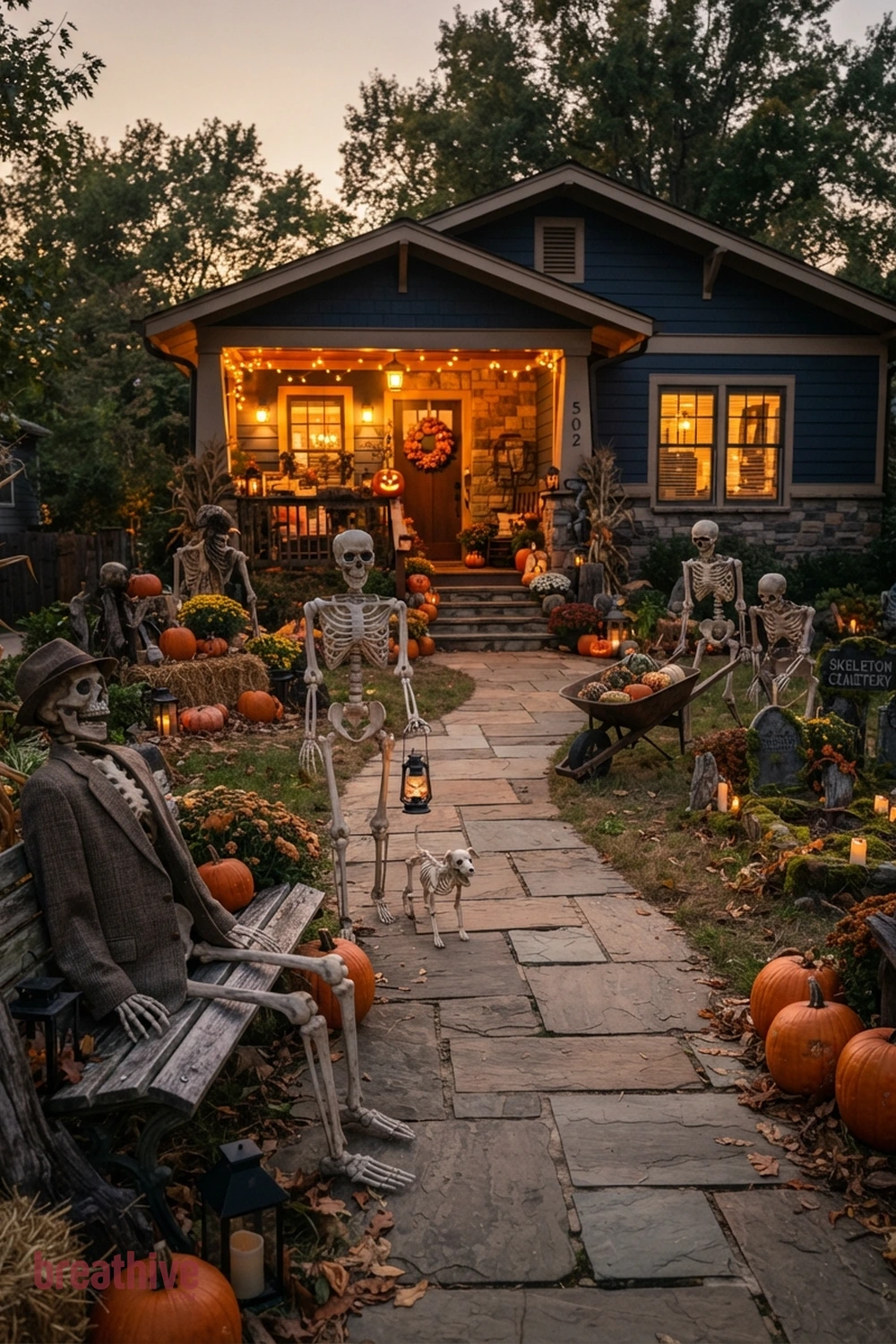 skeleton scene Halloween front yard idea with walkway view showing how the decoration guides movement toward the house