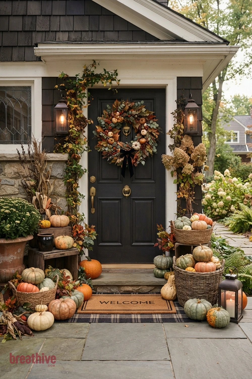 pumpkin layered Halloween front porch idea with front door arrangement with wreath, pumpkins, mat, and restrained vertical accents