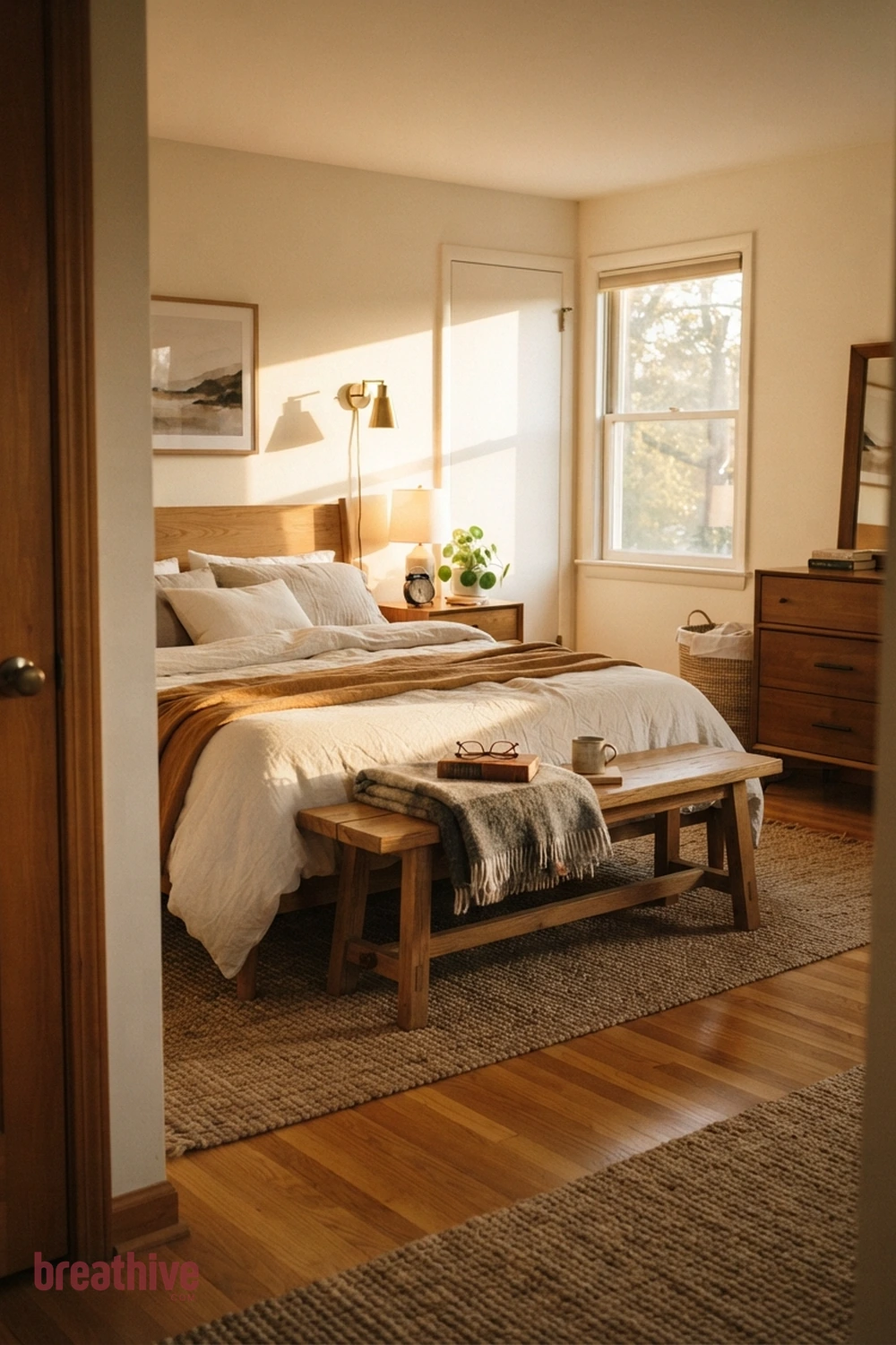 Add a Bench Without Blocking Circulation in a cozy bedroom