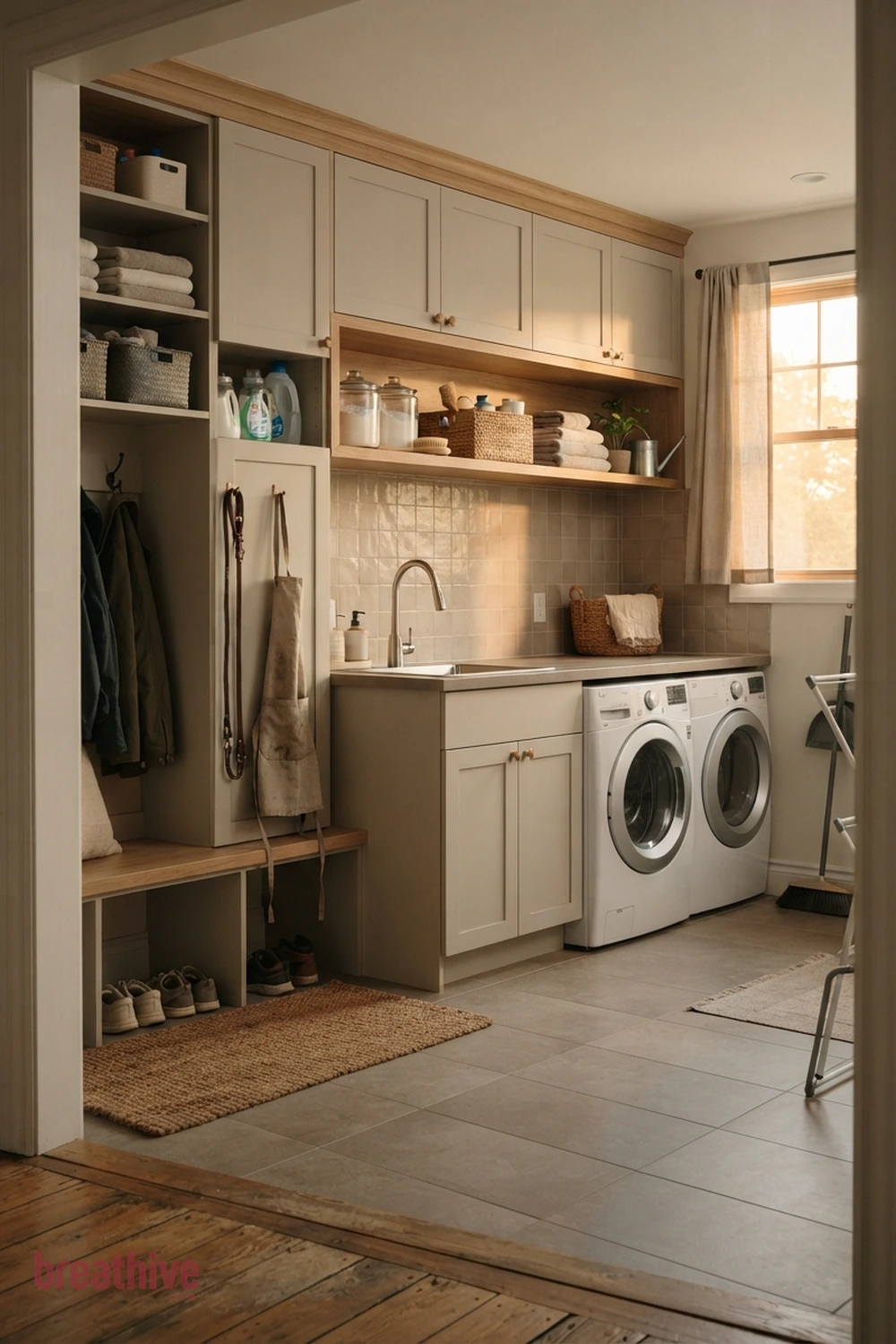 Soft Greige for Flexible Cabinet Pairings in a thoughtful laundry room