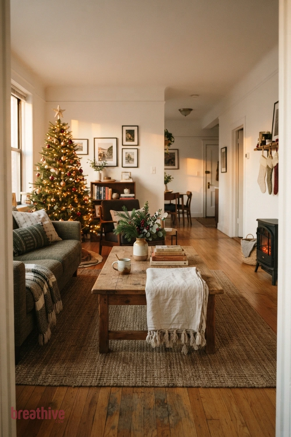 Choose a Coffee Table With Visual Breathing Room in a christmas apartment