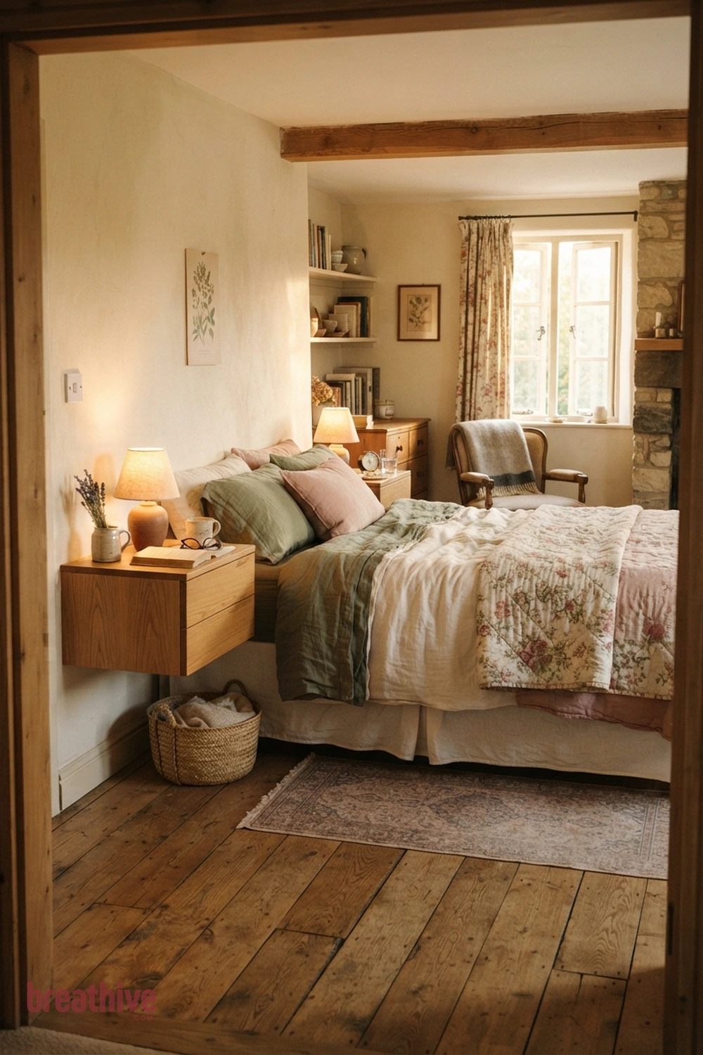 Use Wall-Mounted Nightstands to Free the Floor in a cottagecore bedroom
