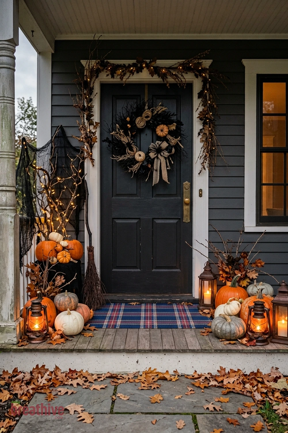 spooky polished Halloween front porch idea with front door arrangement with wreath, pumpkins, mat, and restrained vertical accents