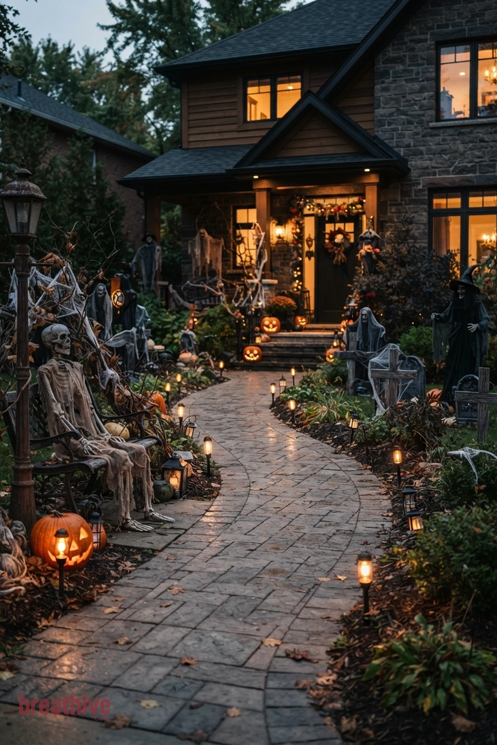 scary theatrical Halloween front yard idea with walkway view showing how the decoration guides movement toward the house
