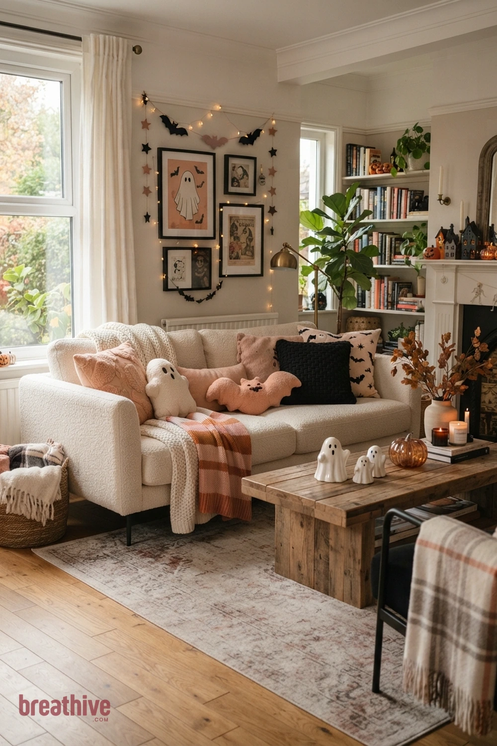 sweet spooky Halloween living room idea with sofa arrangement with layered pillows and throws while keeping seating comfortable