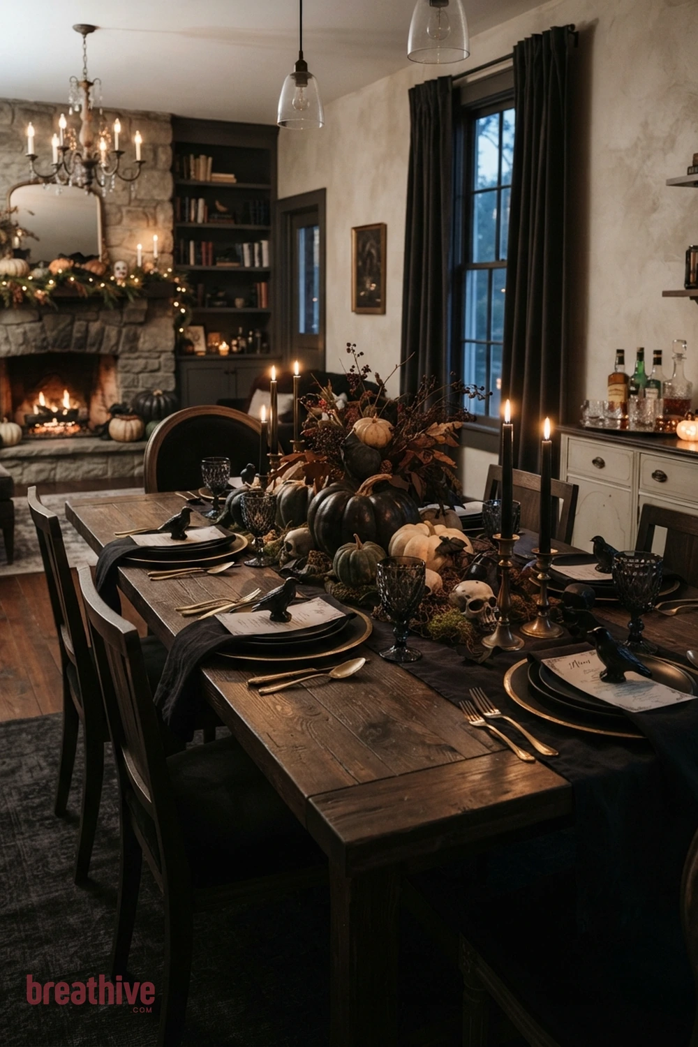 spooky tablescape Halloween dining room idea with island, table, coffee bar, or counter arranged as the main seasonal focal surface