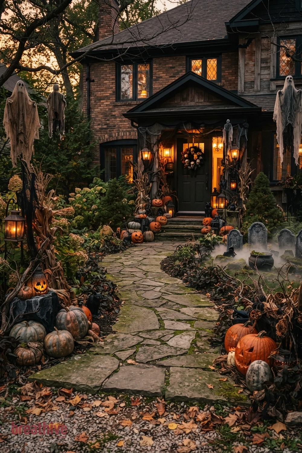 spooky aesthetic Halloween front yard idea with walkway view showing how the decoration guides movement toward the house