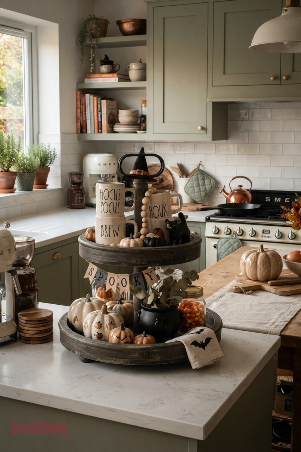 tiered tray Halloween kitchen counter idea with island, table, coffee bar, or counter arranged as the main seasonal focal surface