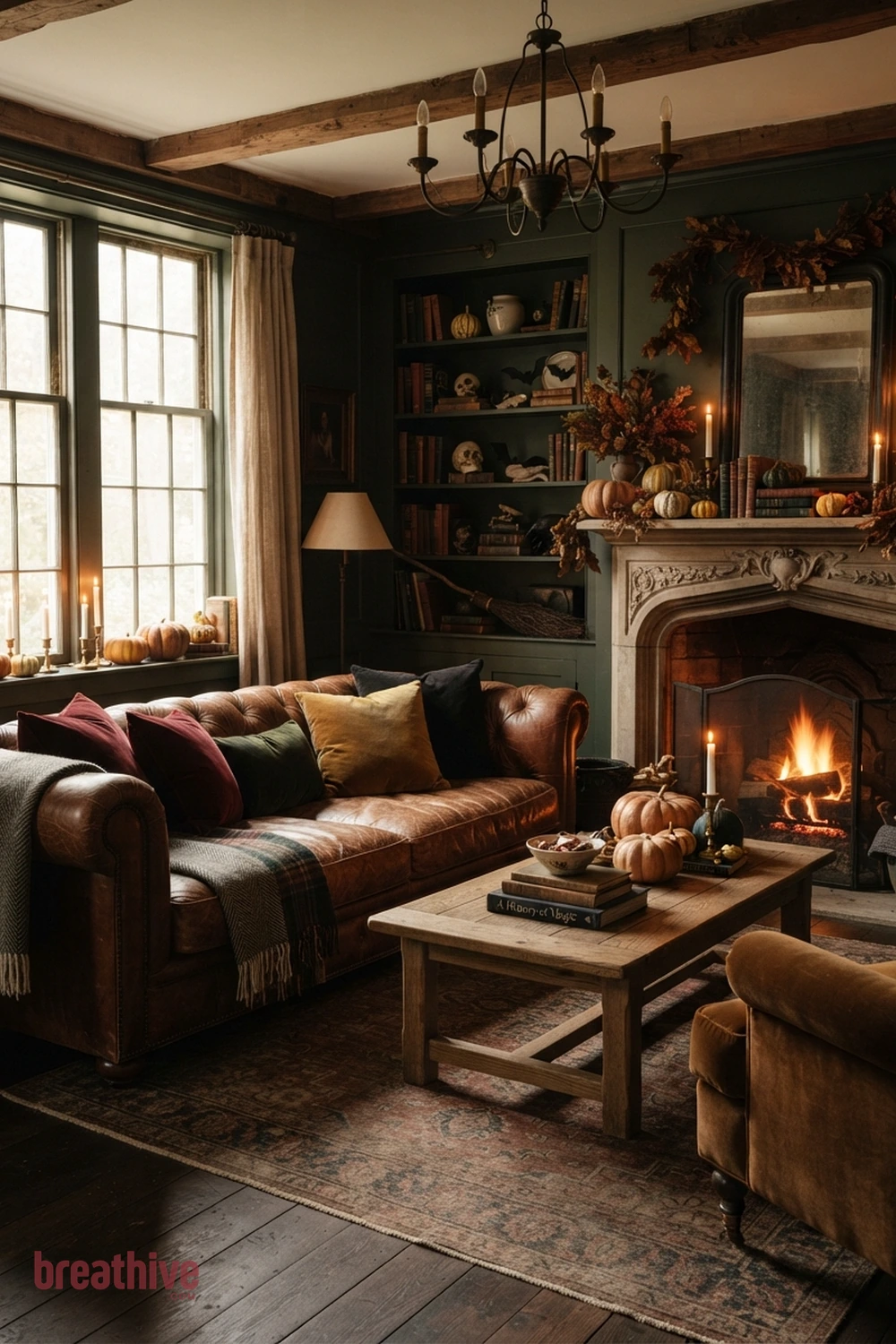 vintage Halloween living room idea with sofa arrangement with layered pillows and throws while keeping seating comfortable