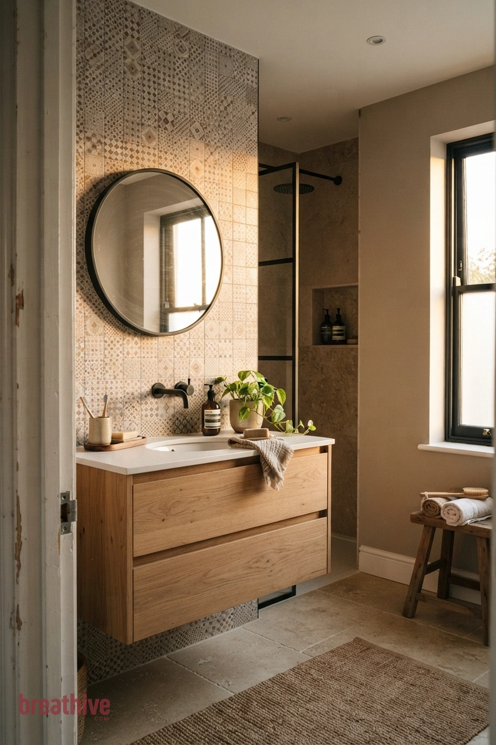 Tiny Geometric Pattern in Warm Neutrals in a thoughtful bathroom