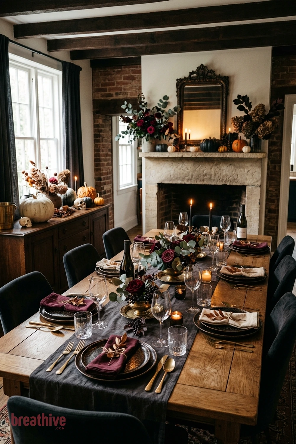 dinner party Halloween dining room idea with seasonal decor grouped away from the busiest prep, serving, or seating area