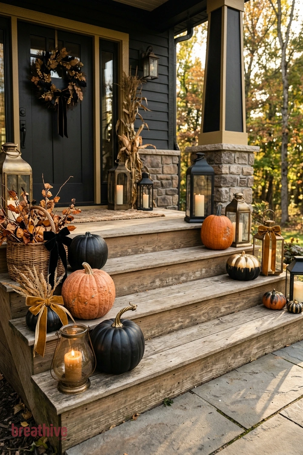 black and gold Halloween front porch idea with porch steps arranged in staggered heights while keeping the walking line clear