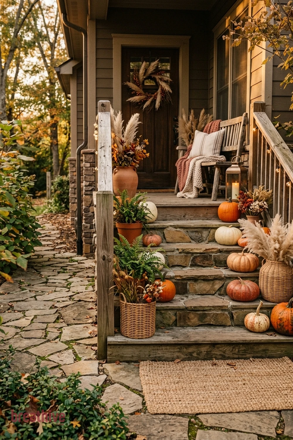 boho Halloween front porch idea with porch steps arranged in staggered heights while keeping the walking line clear